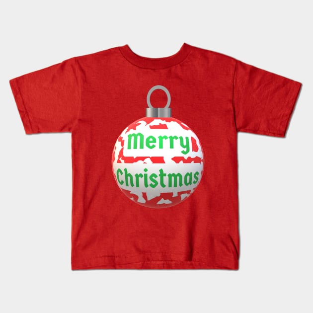 Christmas Tree Ornament with Merry Christmas, Abstract Red and White Peppermint Candy Cane Pattern, and Green Letters Kids T-Shirt by Art By LM Designs 